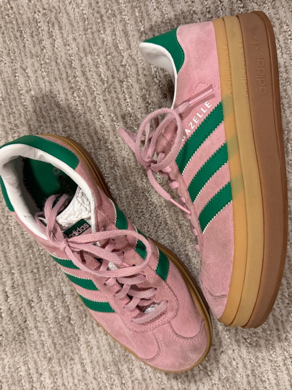 adidas gazelles - Pink Suede Sneakers with Green Stripes, US WOMENS 6.5